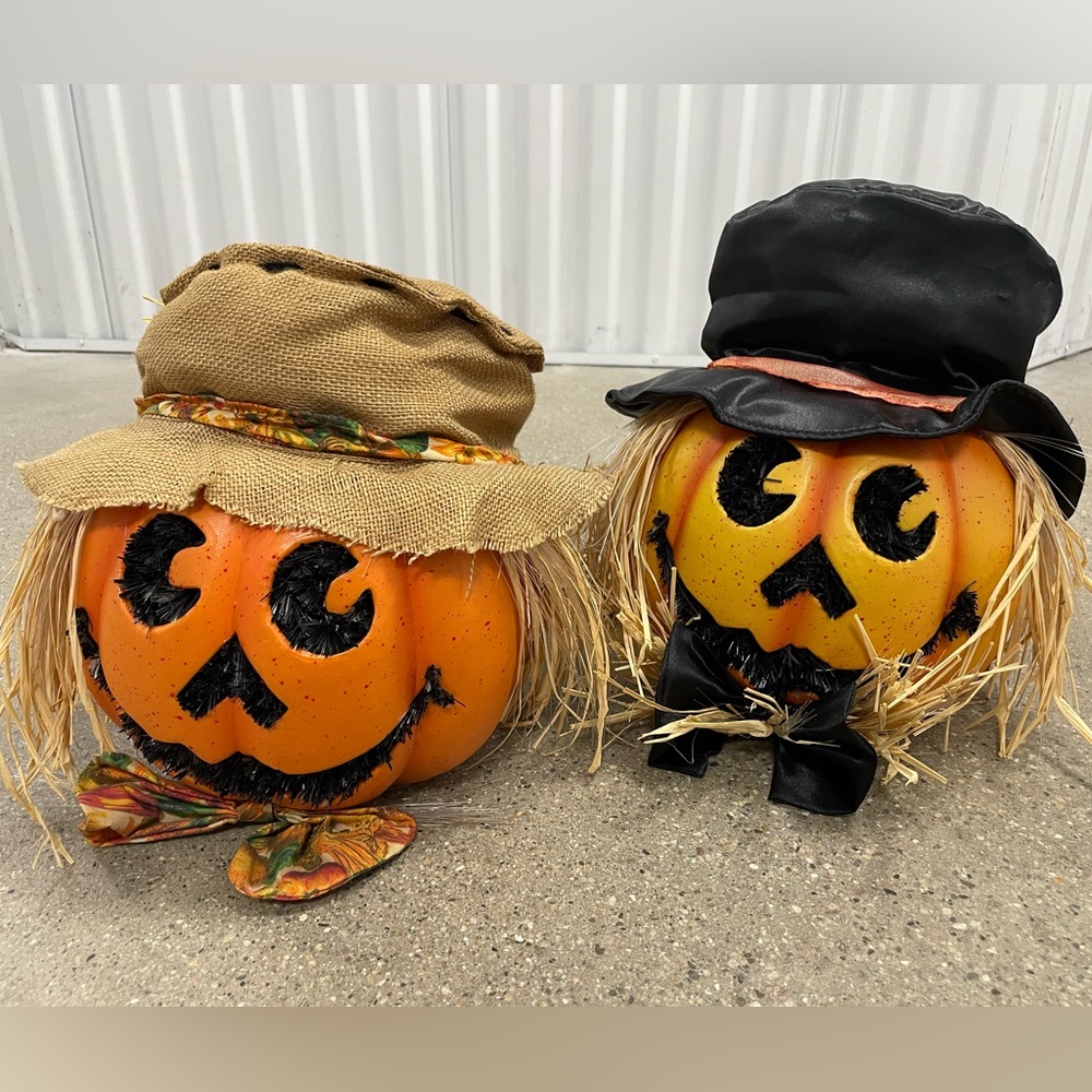 Set of 2 Kids of America FIBER OPTIC Scarecrow Pumpkin Light Up Halloween Decor